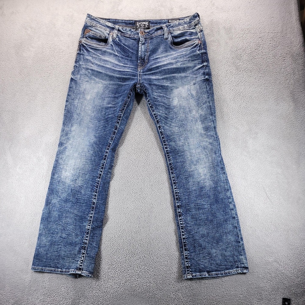 Salvage Jeans Mens 38x32 Blue Mayhem Regular Bootcut Stretch Distressed Denim